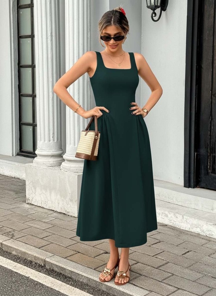 Mamo Yeşil Uzun Askılı Krep Elbise - Mamo kadın butik elbise