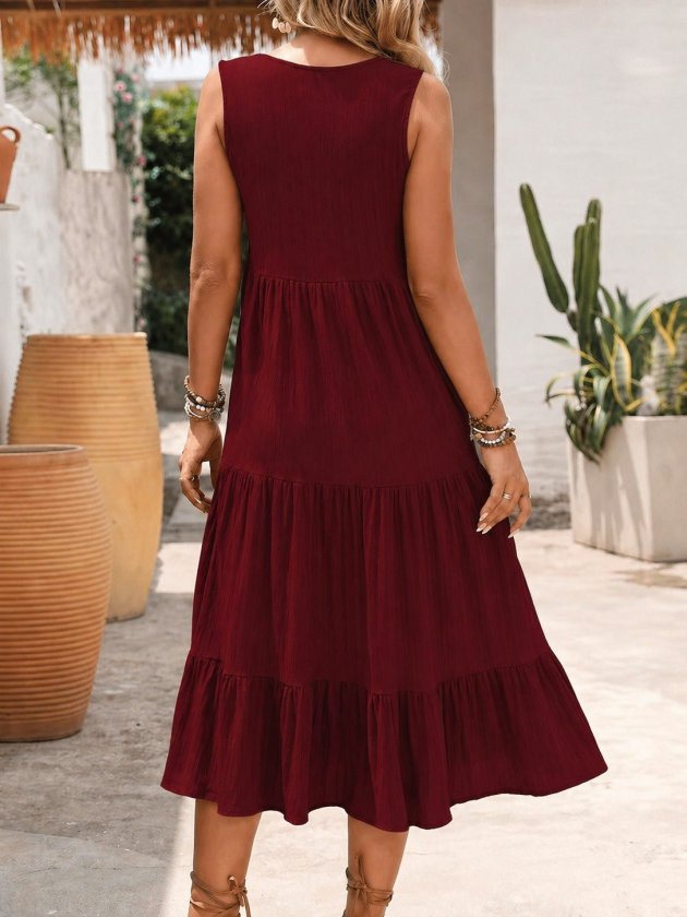 Mamo Bordo Midi Askılı V Yaka Elbise - Mamo kadın butik elbise