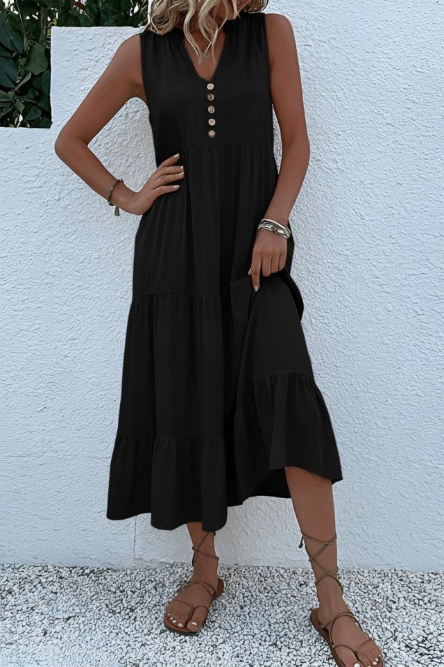 Mamo Siyah Midi Askılı V Yaka Elbise - Mamo kadın butik elbise