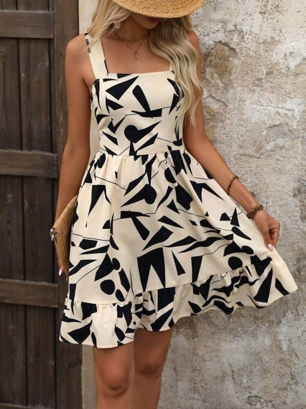 Mamo Bej Mini Askılı Desenli Elbise - Mamo kadın butik elbise