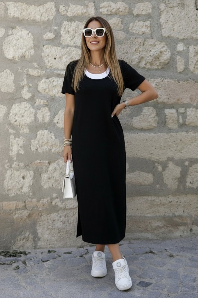Mamo Siyah Mini Yırtmaç Detaylı Viskon Elbise - Mamo kadın butik elbise
