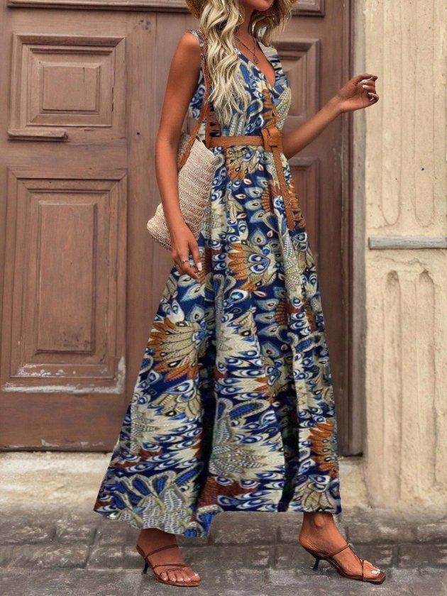 Mamo Desenli Uzun Askılı Kruvaze Elbise - Mamo kadın butik elbise