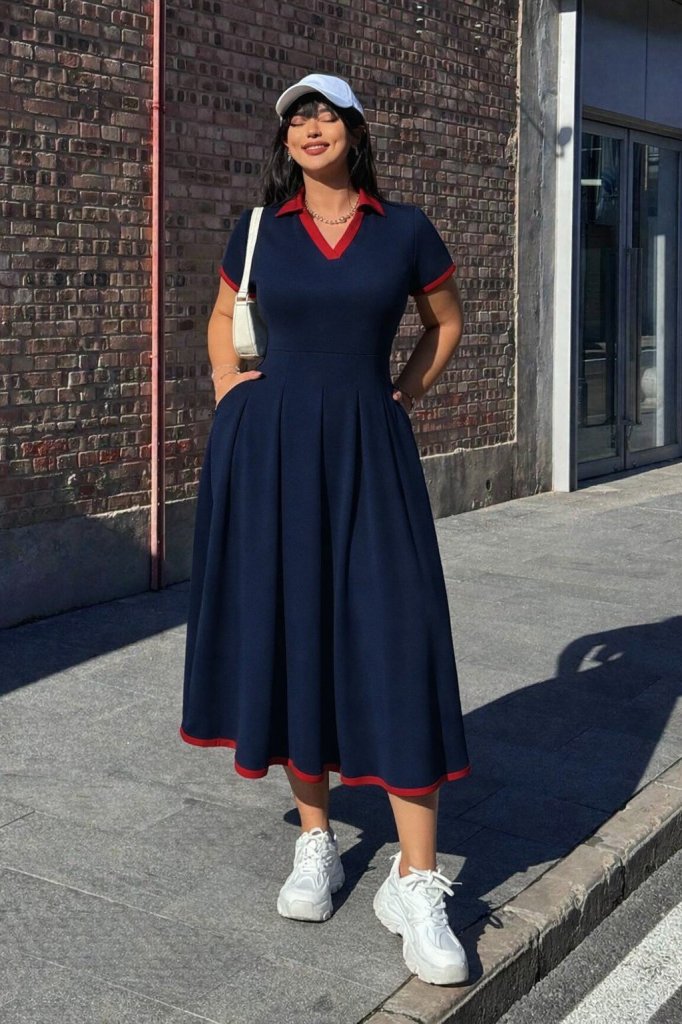 Mamo Lacivert Mini V Yaka Krep Elbise - Mamo kadın butik elbise