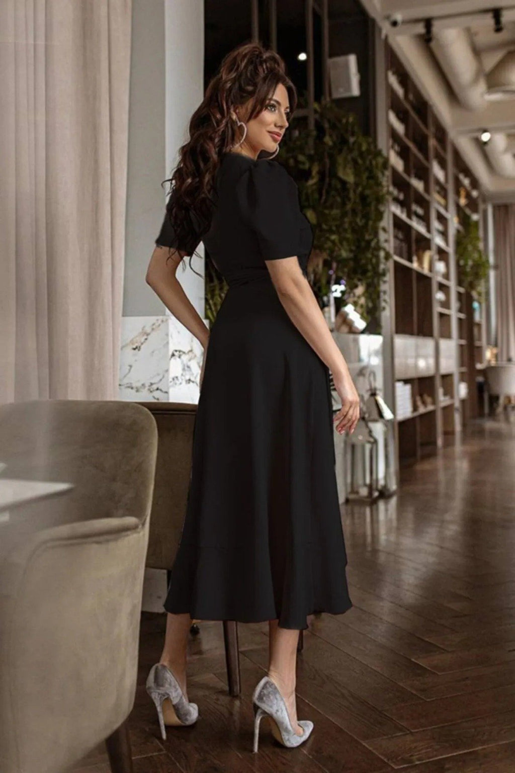 Mamo Siyah Midi Kruvaze Krep Elbise - Mamo kadın butik elbise