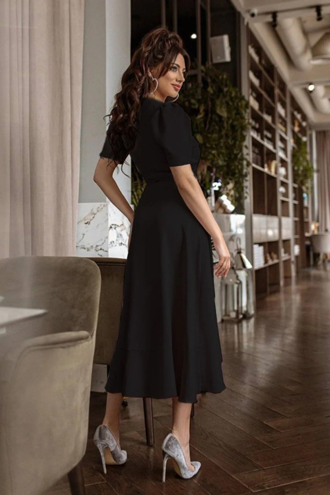 Mamo Siyah Midi Kruvaze Krep Elbise - Mamo kadın butik elbise
