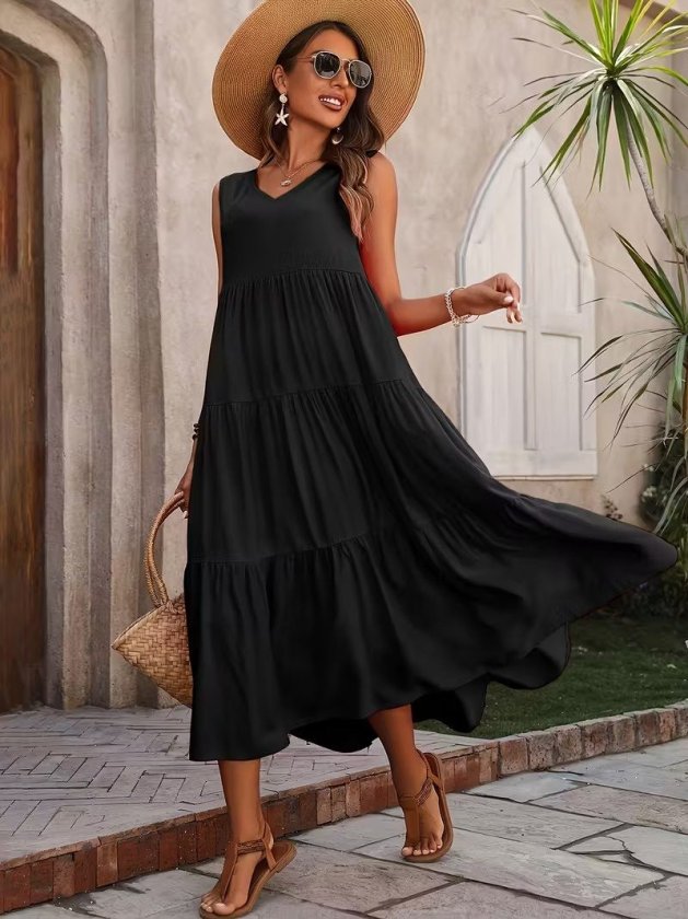 Mamo Siyah Uzun Askılı V Yaka Elbise - Mamo kadın butik elbise