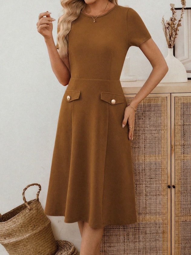 Mamo Kahve Mini Cepli Krep Elbise - Mamo kadın butik elbise