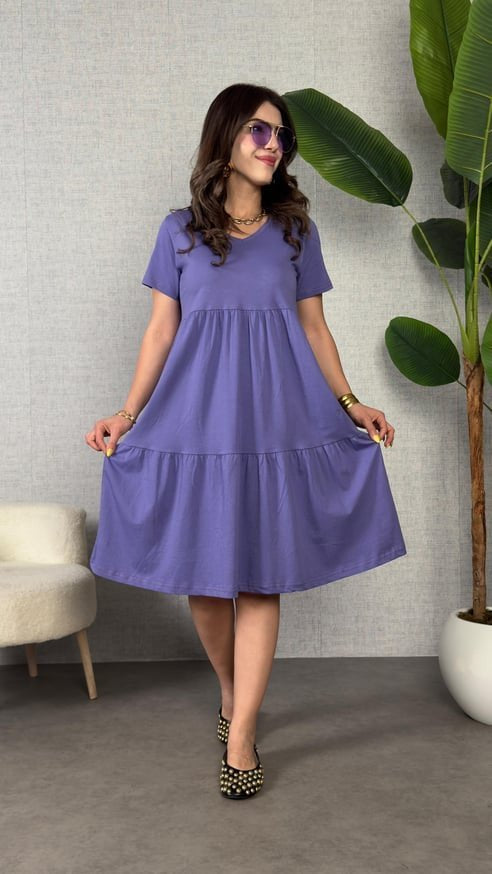 Mamo Mor Mini V Yaka Viskon Elbise - Mamo kadın butik elbise