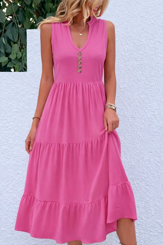Mamo Pembe Midi Askılı V Yaka Elbise - Mamo kadın butik elbise