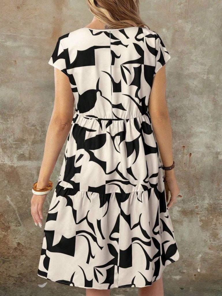 Mamo Bej Mini Fırfır Detaylı Desenli Elbise - Mamo kadın butik elbise