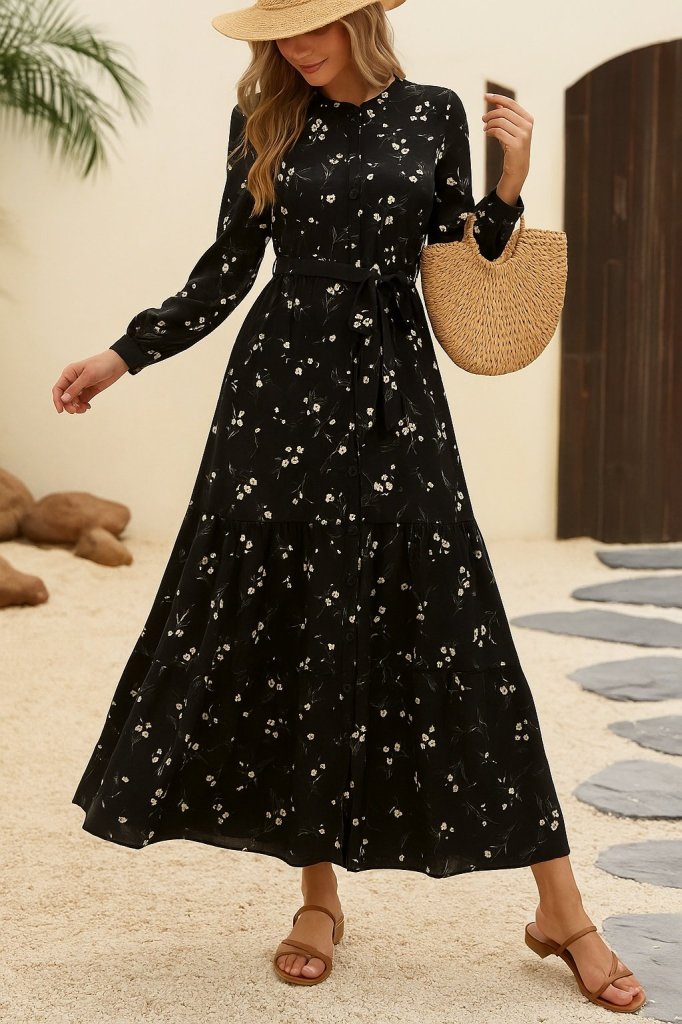 Mamo Siyah Uzun Kuşaklı Elbise - Mamo kadın butik elbise