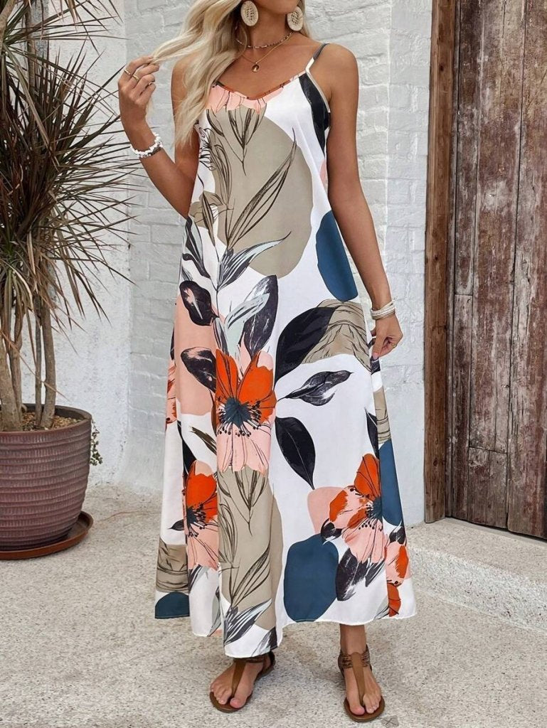 Mamo Desenli Askılı V Yaka Elbise - Mamo kadın butik elbise
