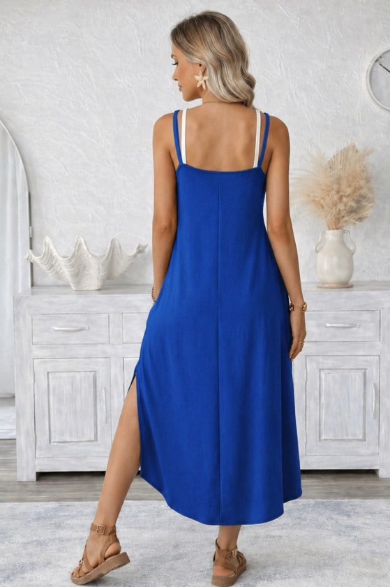 Mamo Saks Mavi Uzun Askılı Cepli Elbise - Mamo kadın butik elbise