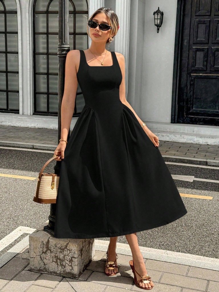 Mamo Siyah Uzun Askılı Kare Yaka Elbise - Mamo kadın butik elbise