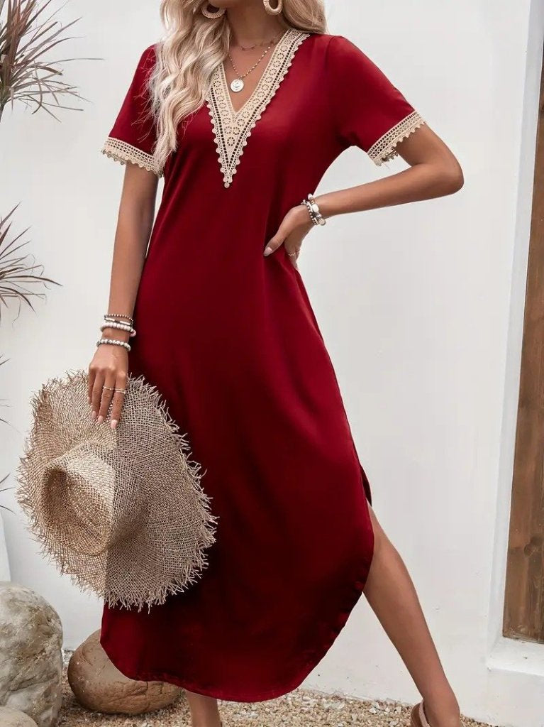 Mamo Bordo Mini V Yaka Dantel Detaylı Elbise - Mamo kadın butik elbise