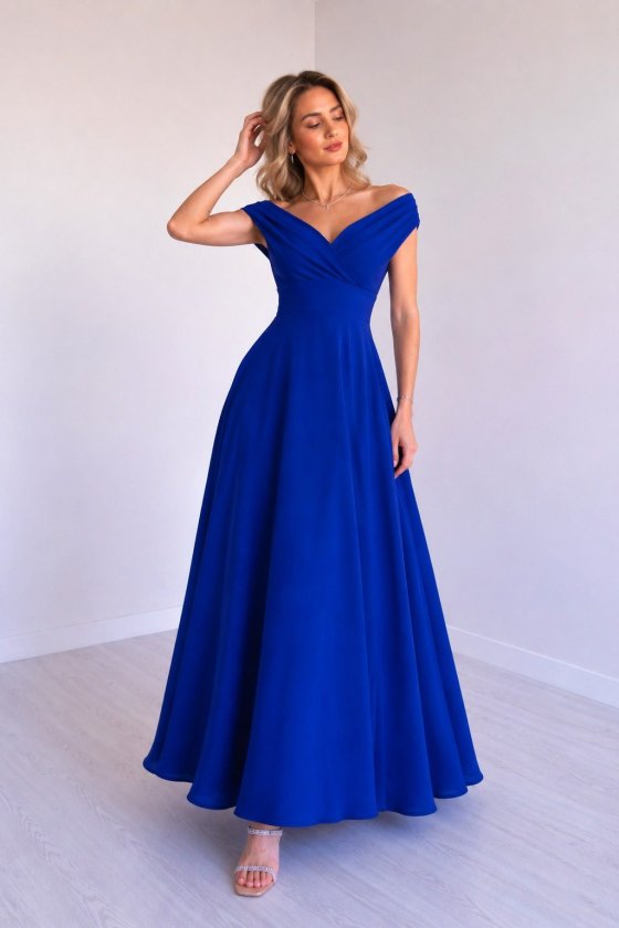 Mamo Mavi Uzun Kruvaze Krep Elbise - Mamo kadın butik elbise