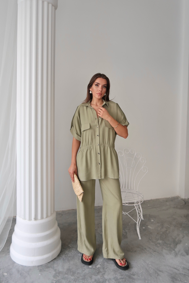 Mamo Yeşil Keten Takım - Mamo kadın butik takım