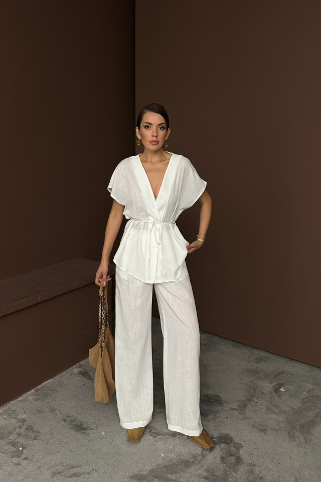 Mamo Beyaz V Yaka Bağlamalı Keten Takım - Mamo kadın butik takım