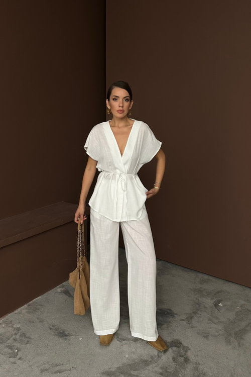 Mamo Beyaz V Yaka Bağlamalı Keten Takım - Mamo kadın butik takım