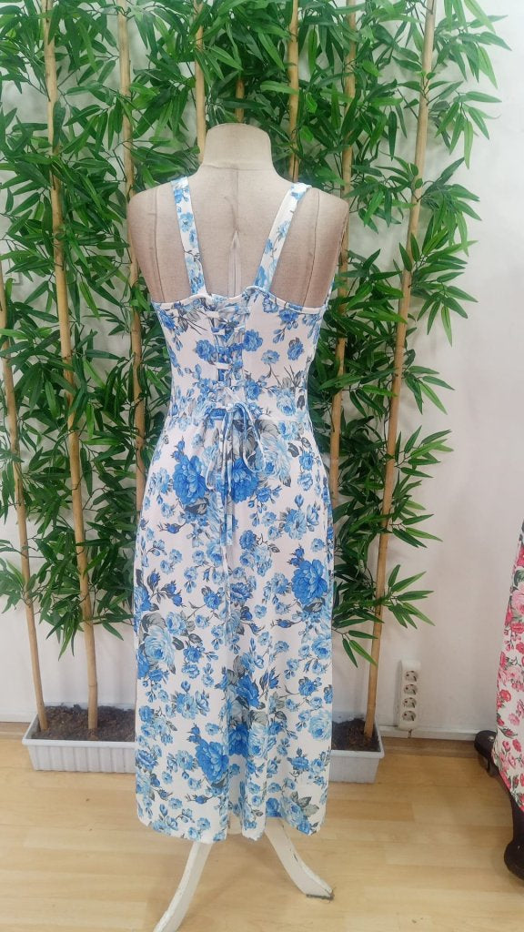 Mamo Mavi Askılı V Yaka Yırtmaç Detaylı Elbise - Mamo kadın butik elbise