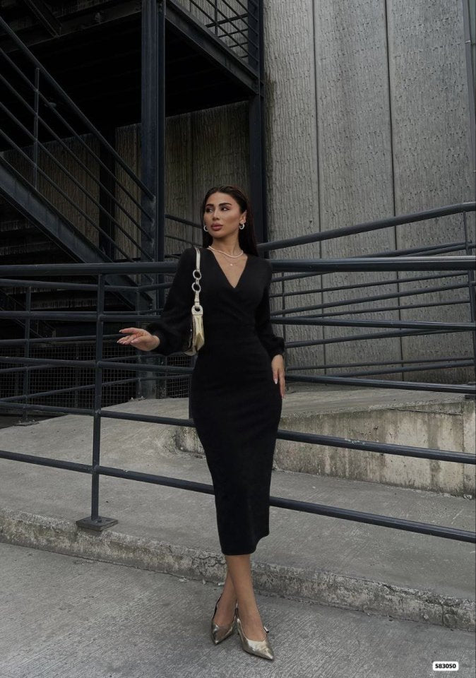 Mamo Siyah Uzun Kruvaze Krep Elbise - Mamo kadın butik elbise