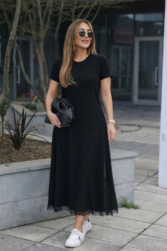 Mamo Siyah Mini Yırtmaç Detaylı Dantel Detaylı Elbise - Mamo kadın butik elbise