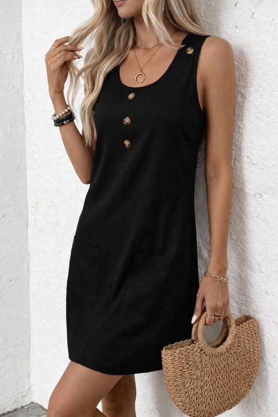 Mamo Siyah Mini Askılı Cepli Elbise - Mamo kadın butik elbise