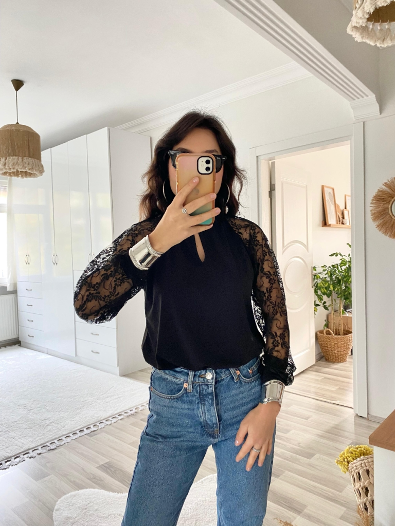 Mamo Siyah Tül Detaylı Bluz - Mamo kadın butik bluz