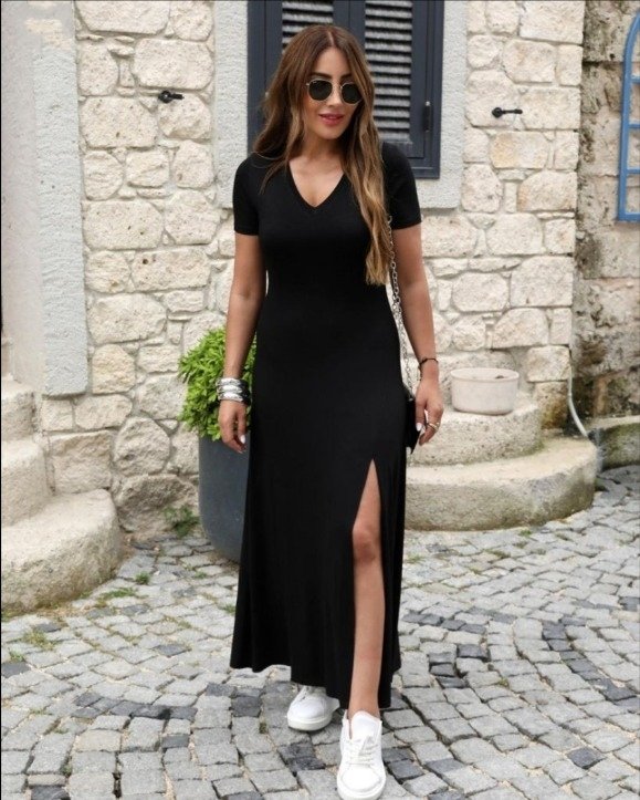 Mamo Siyah Mini V Yaka Viskon Elbise - Mamo kadın butik elbise