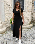 Mamo Siyah Mini V Yaka Viskon Elbise - Mamo kadın butik elbise