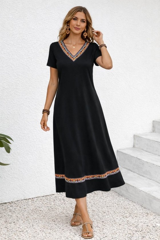 Mamo Siyah Mini V Yaka Viskon Elbise - Mamo kadın butik elbise
