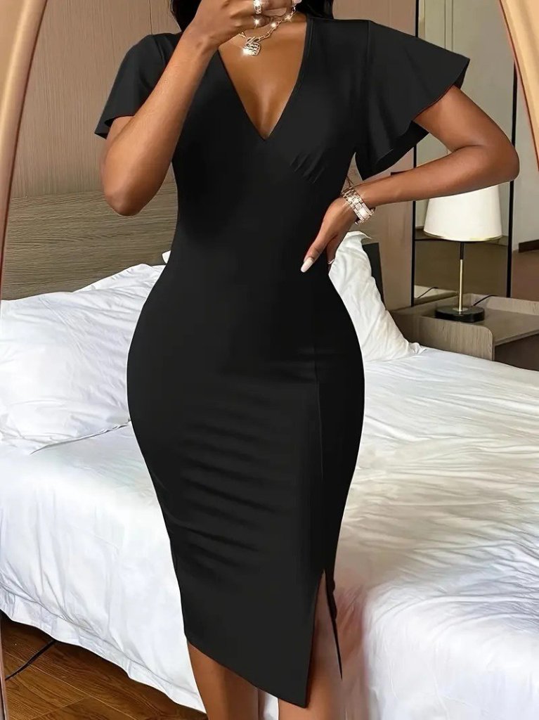 Mamo Siyah Midi V Yaka Yırtmaç Detaylı Elbise - Mamo kadın butik elbise