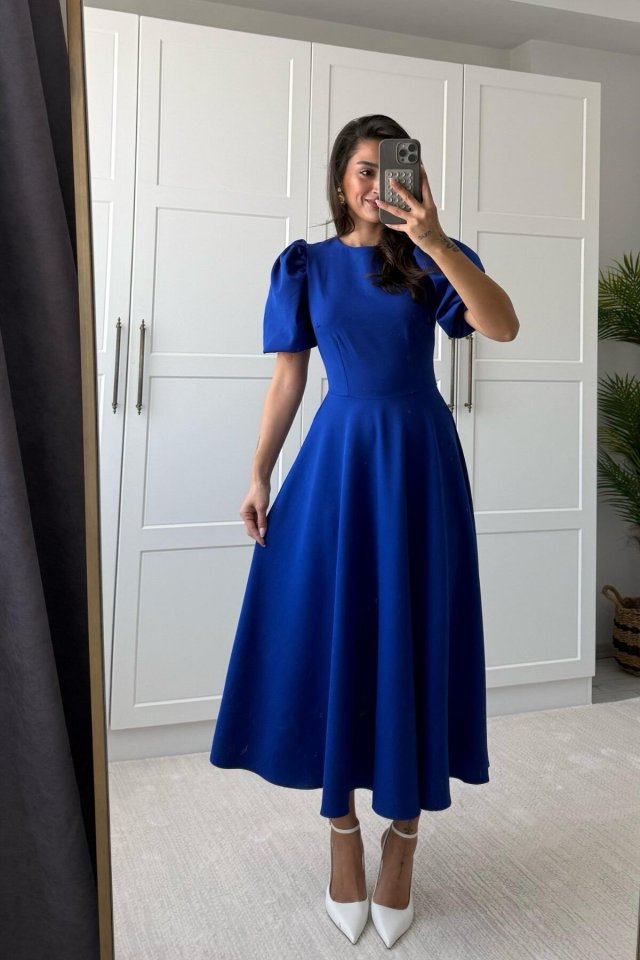 Mamo Saks Mavi Mini Sim Detaylı Krep Elbise - Mamo kadın butik elbise