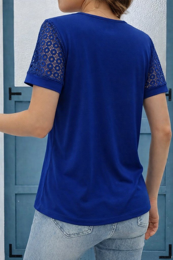 Mamo Saks Mavi V Yaka Dantel Detaylı Bluz - Mamo kadın butik bluz