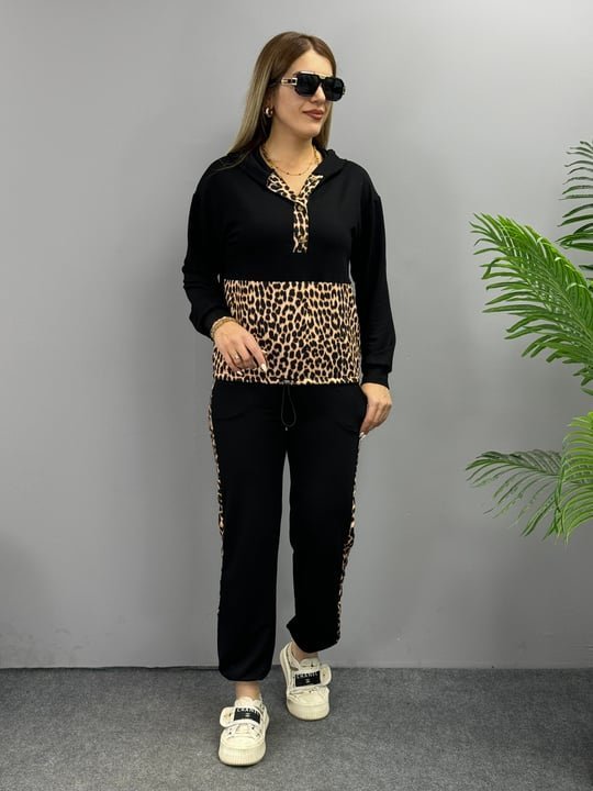 Mamo Siyah Leopar Desenli Takım - Mamo kadın butik takım