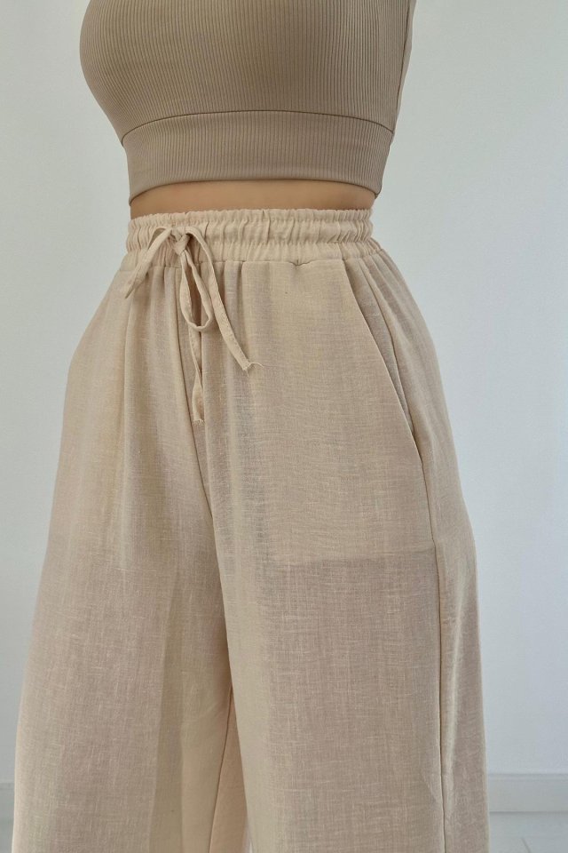 Mamo Bej Keten Rahat Kesim Pantolon - Mamo kadın butik alt giyim