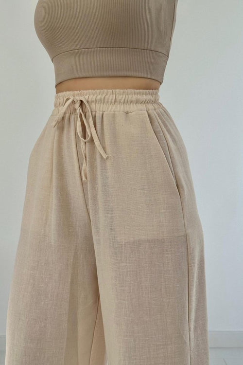 Mamo Bej Keten Rahat Kesim Pantolon - Mamo kadın butik alt giyim