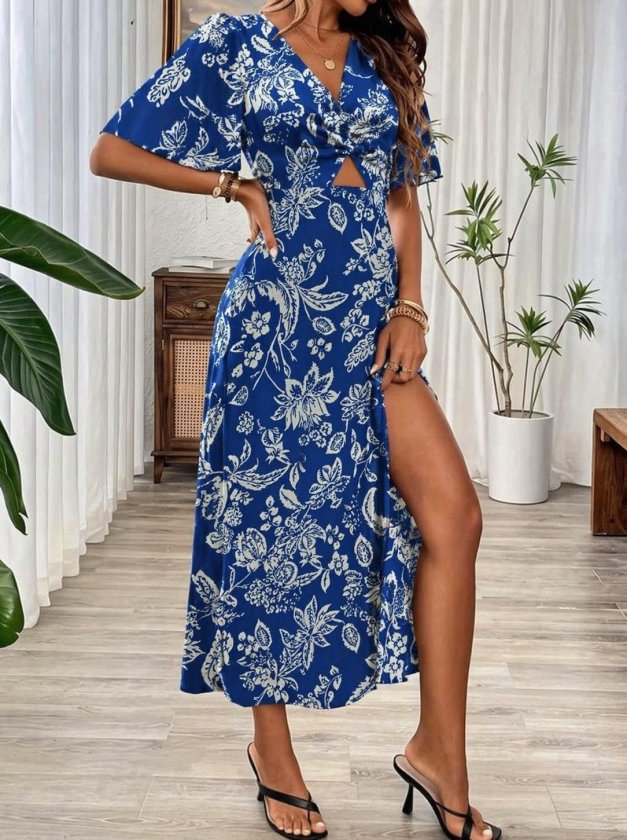 Mamo Mavi Mini V Yaka Yırtmaç Detaylı Elbise - Mamo kadın butik elbise