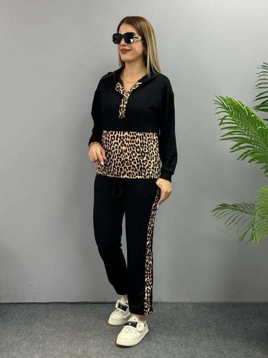 Mamo Siyah Leopar Desenli Takım - Mamo kadın butik takım