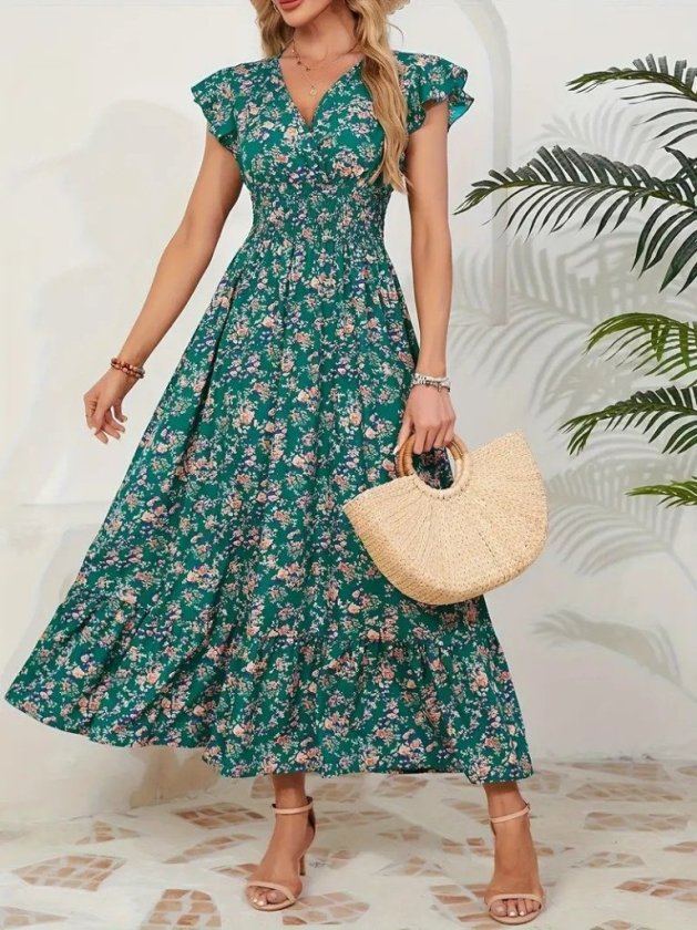 Mamo Yeşil Mini Kruvaze Desenli Elbise - Mamo kadın butik elbise