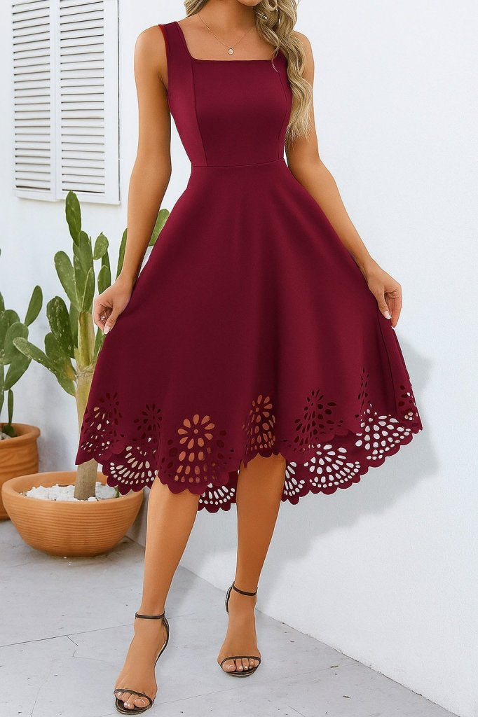 Mamo Kırmızı Askılı Sim Detaylı Desenli Elbise - Mamo kadın butik elbise