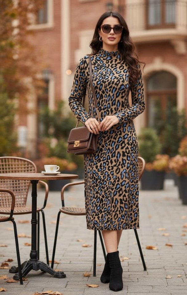 Mamo Leopar Açık Kahve Midi Desenli Elbise - Mamo kadın butik elbise