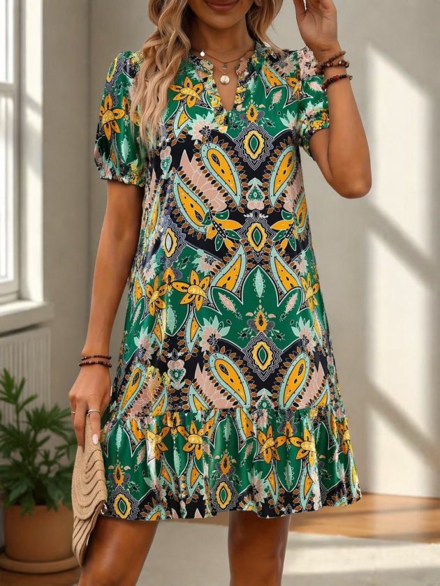 Mamo Yeşil Mini V Yaka Desenli Elbise - Mamo kadın butik elbise