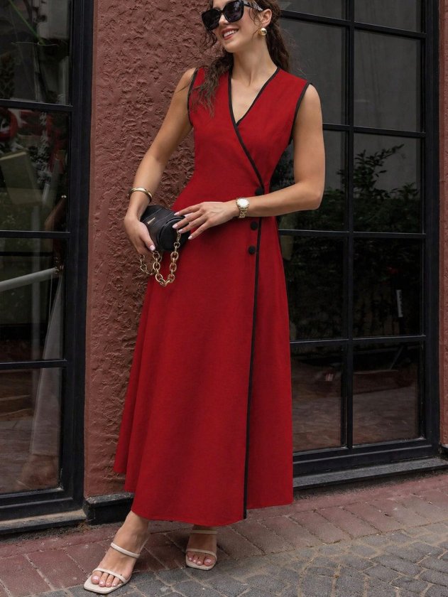 Mamo Bordo Midi Askılı Kruvaze Elbise - Mamo kadın butik elbise