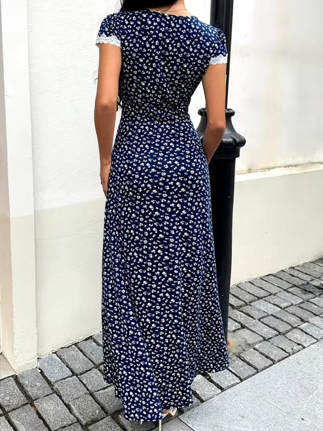 Mamo Lacivert Mini V Yaka Dantel Detaylı Elbise - Mamo kadın butik elbise