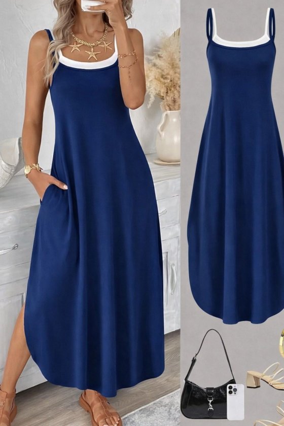 Mamo Lacivert Uzun Askılı Cepli Elbise - Mamo kadın butik elbise