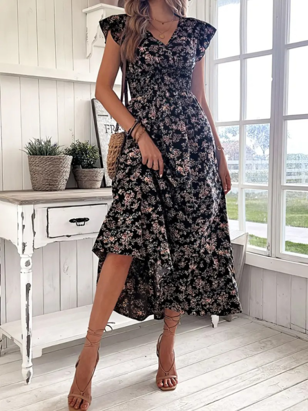 Mamo Siyah Mini Kruvaze Desenli Elbise - Mamo kadın butik elbise