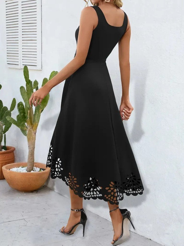 Mamo Siyah Askılı Sim Detaylı Desenli Elbise - Mamo kadın butik elbise