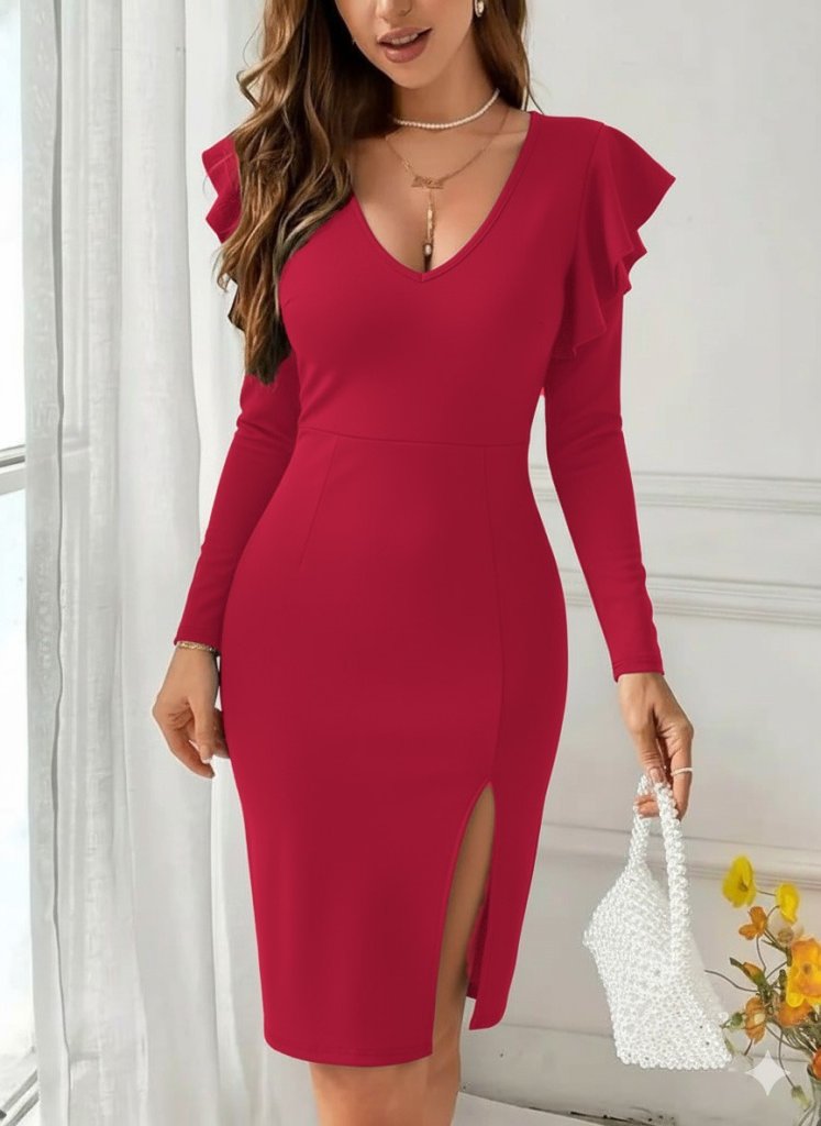 Mamo Kırmızı Midi V Yaka Yırtmaç Detaylı Elbise - Mamo kadın butik elbise