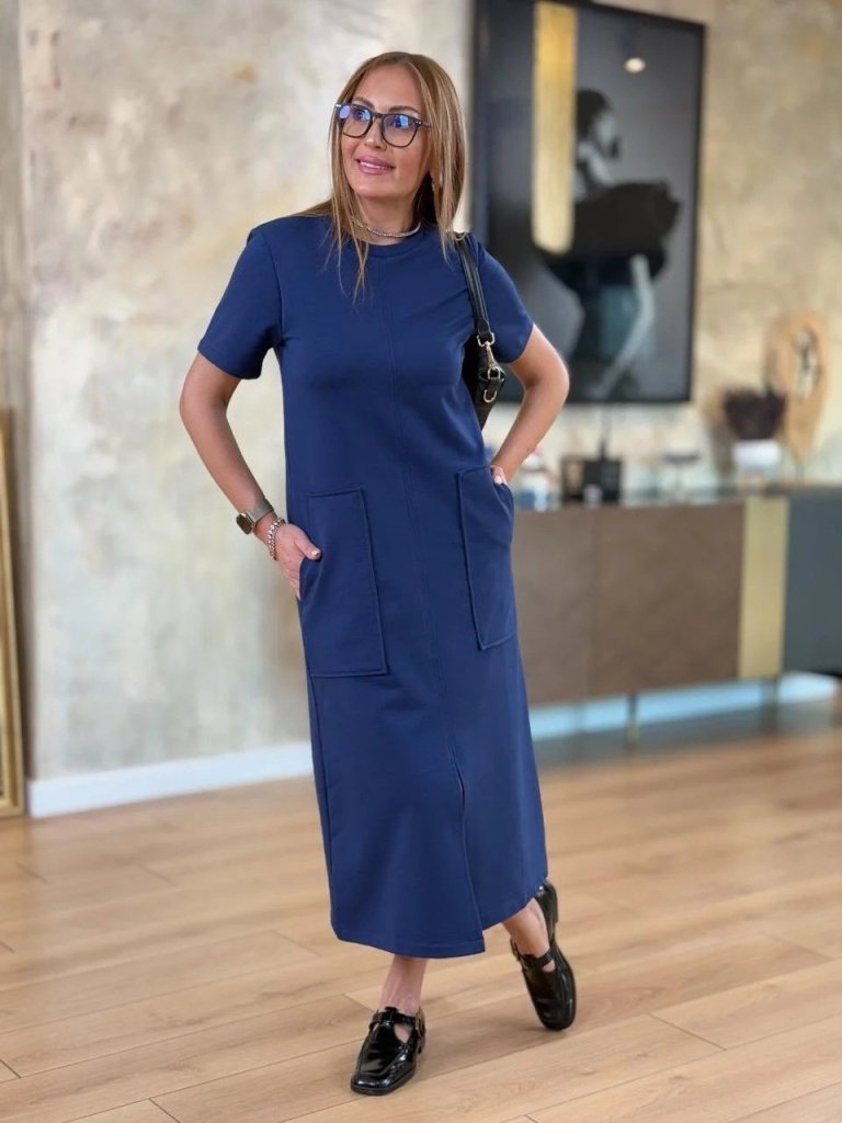 Mamo Lacivert Midi Yırtmaç Detaylı Cepli Elbise - Mamo kadın butik elbise